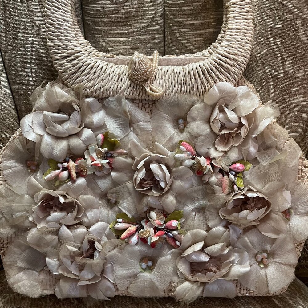 Vintage Flower Embellished Lined Straw Handbag Purse - Picture 2 of 11